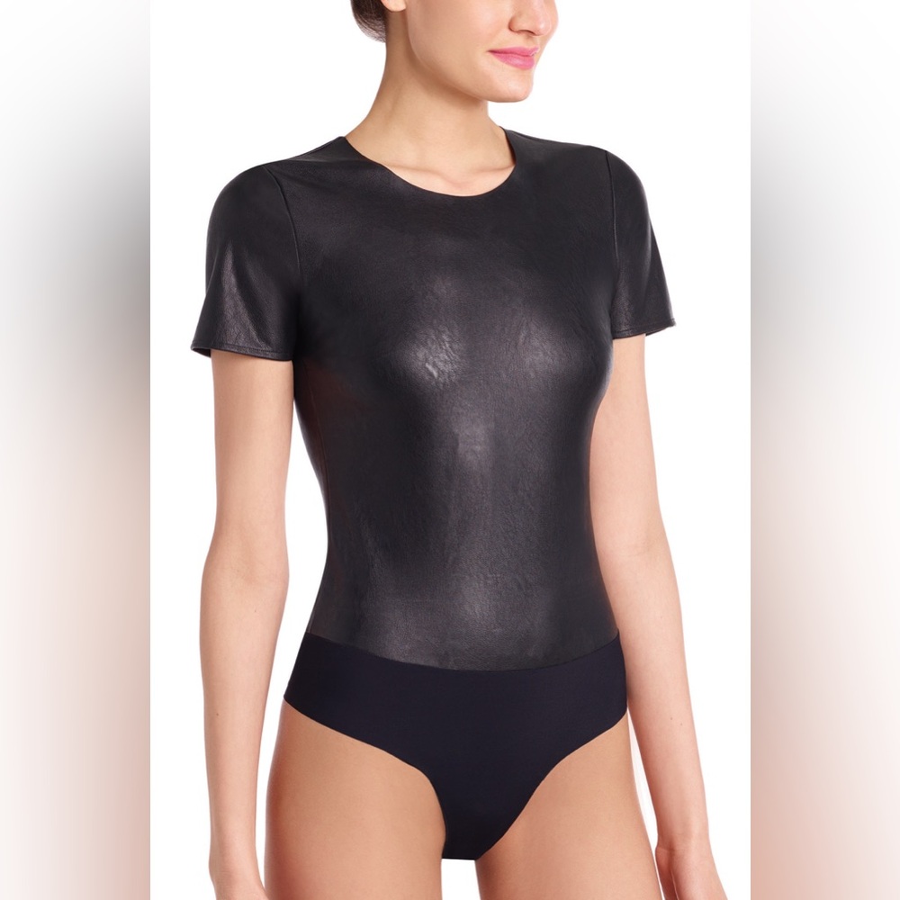 Commando Faux Leather Stretch Short Sleeve Bodysuit